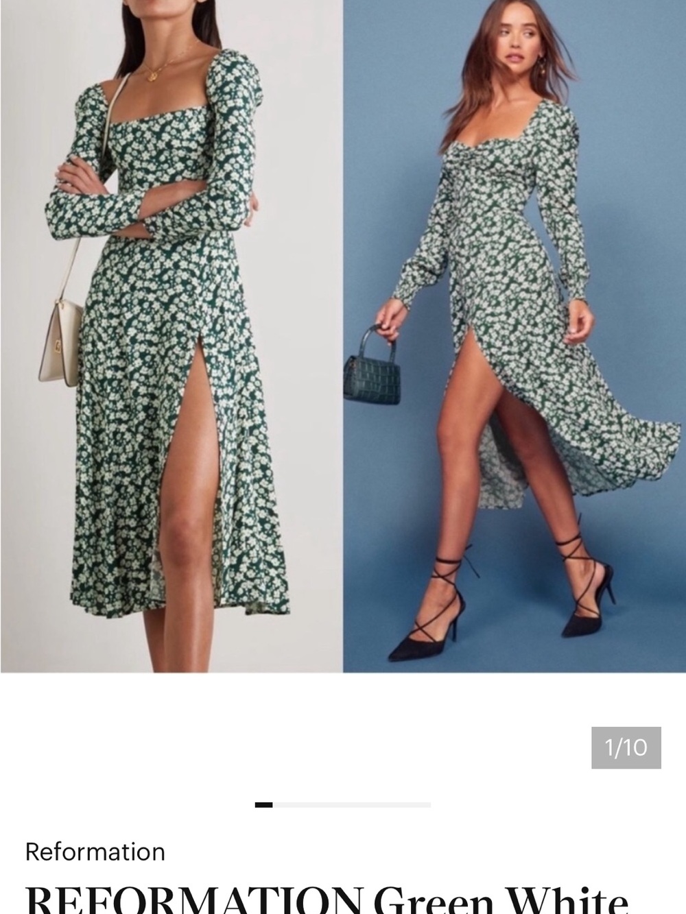 Reformation Green and White Floral Midi Dress with Square Neck
